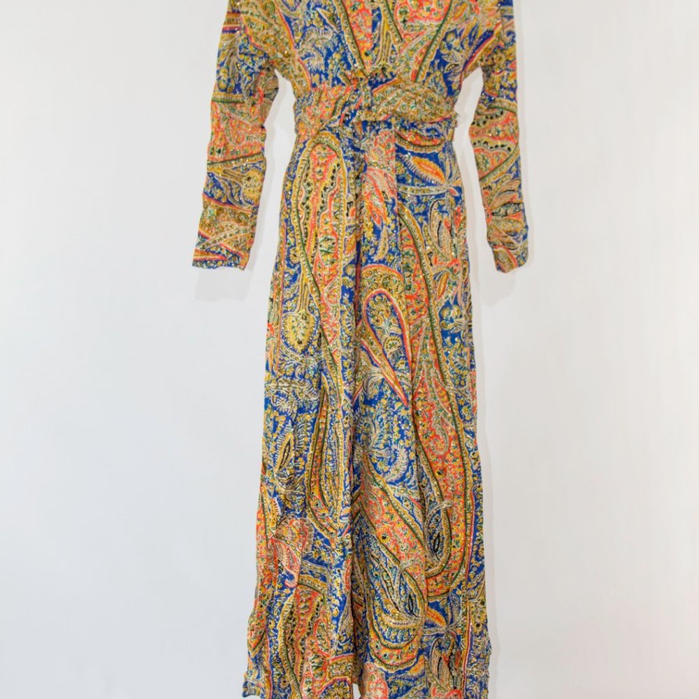 Vintage 70s Dress Paisley Shimmer Multicolor fit medium